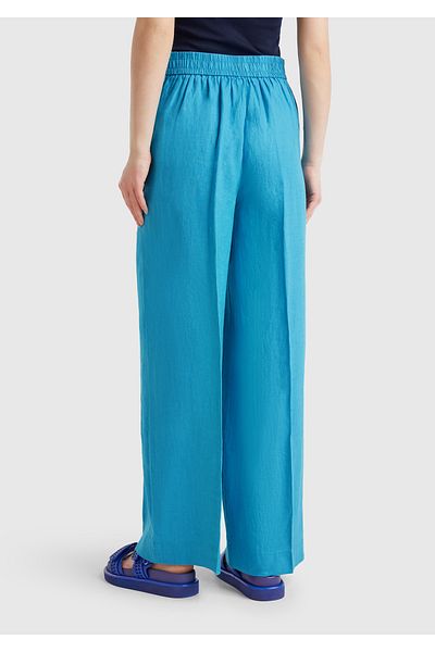 United Colors of Benetton Women's Blue 100% Linen Palazzo Trousers with Side Pockets and Elastic Back Waist