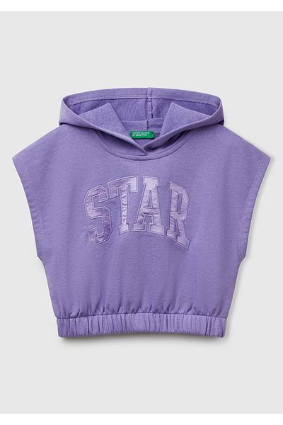 United Colors of Benetton Hanorac cu glugă fără mâneci pentru fetiță, mov, cu aplicații în față și detaliu de broderie