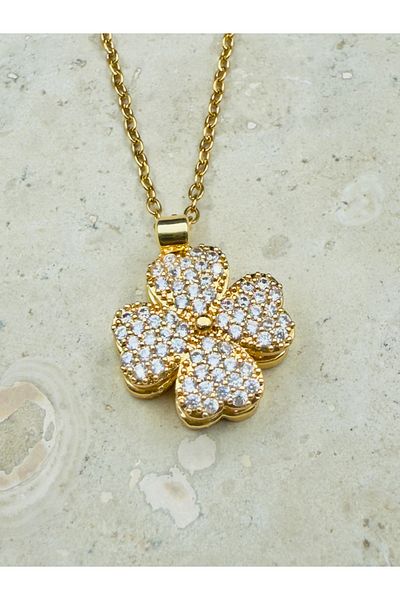 Snartun Zircon Stone Gold Clover Detailed Movable Steel Necklace I Special Boxed