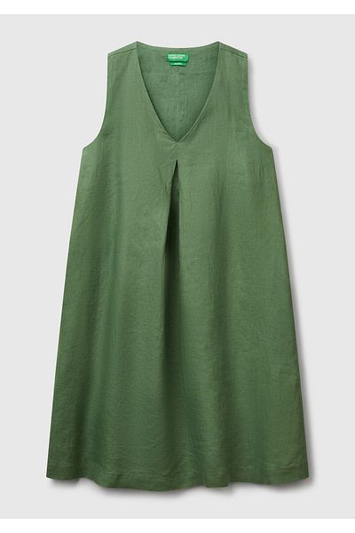 United Colors of Benetton Women's Light Green 100% Linen Side Zipper A-Line V-Neck Short Dress