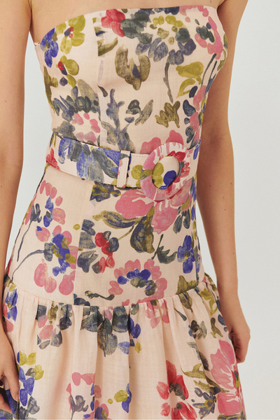 Exquise Kemer Detaylı Çiçek Desenli Straplez Midi Elbise