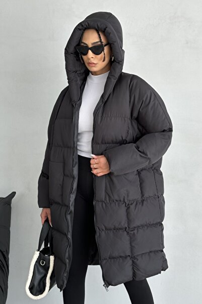 moda armanc Kadın Kapüşonlu Siyah Şişme Uzun Mont - Oversize