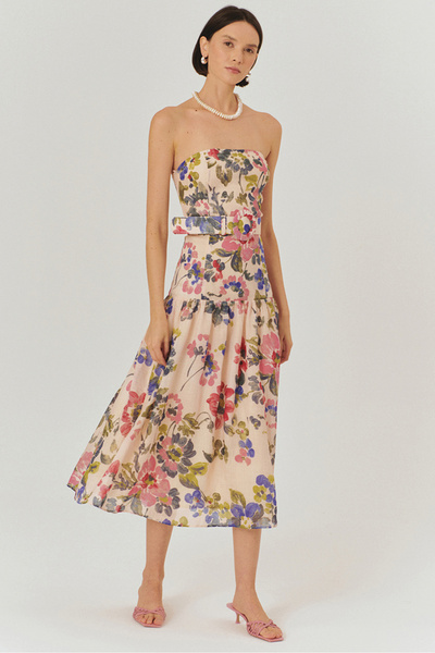 Exquise Kemer Detaylı Çiçek Desenli Straplez Midi Elbise
