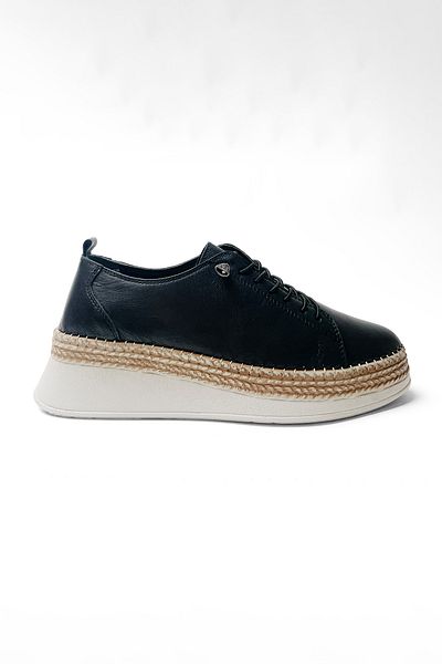 RABU Black Women's Genuine Leather Hidden Heels Straw Detailed Orthopedic Daily Casual Shoes