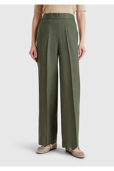 United Colors of Benetton Women's Khaki 100% Linen Palazzo Trousers with Side Pockets and Elastic Back Waist