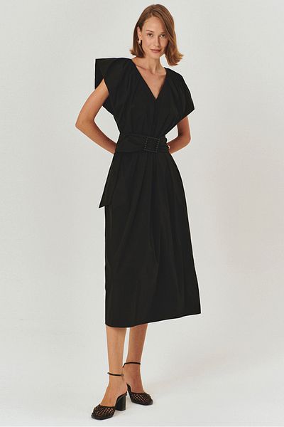 Exquise Belt Detailed V-Neck Cotton Black Regular Midi Dress