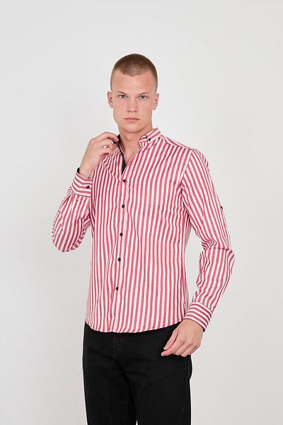 jack carisma Men's Striped Ligra Chest Grained Apalet Slim Fit Long Sleeve Shirt