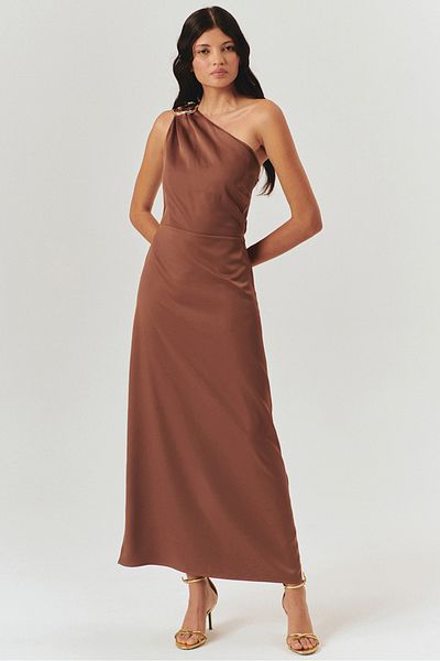 Exquise Gold Buckle Detailed One Shoulder Tie Brown Midi Dress
