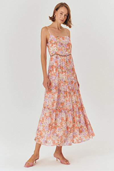 Exquise Çiçek Desenli Askılı Midi Elbise