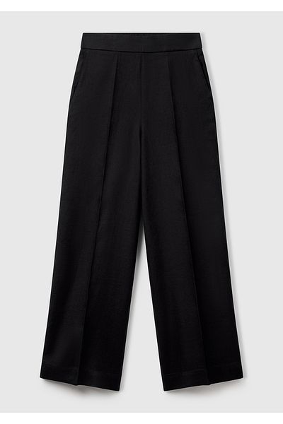 United Colors of Benetton Women's Black 100% Linen Palazzo Trousers with Side Pockets and Elastic Back Waist