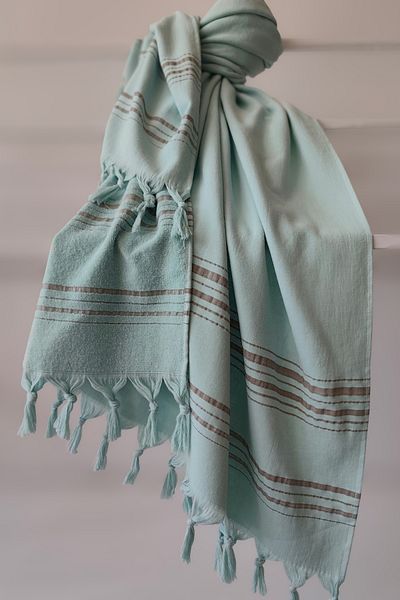 Sevim Mint Green Striped Cotton Peshtemal and Towel - Soft and Fast Drying 90x170 Cm