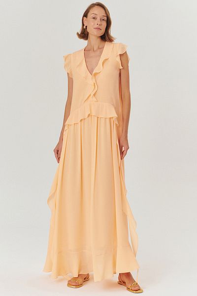 Exquise Fringe Detailed V-Neck Regular Salmon Long Dress