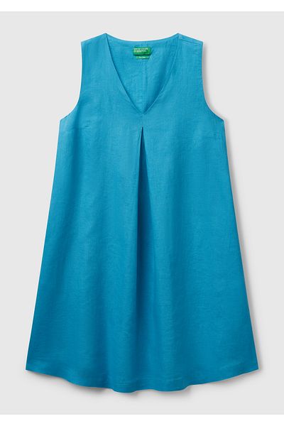 United Colors of Benetton Women's Blue 100% Linen Side Zipper A-Line V-Neck Short Dress