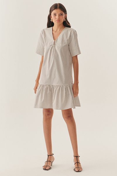Exquise Pleated Relaxed Cut Striped Cotton Dress with Buckle Detail at the Neck