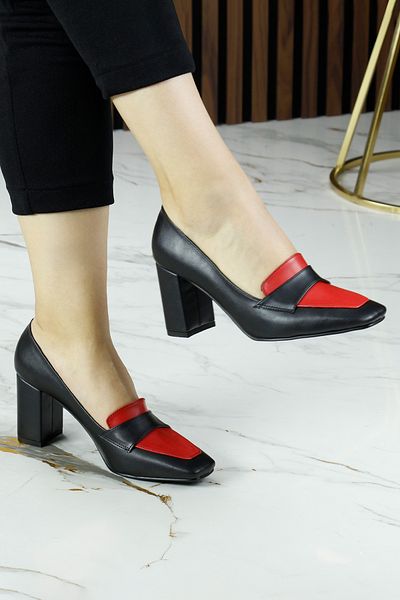 Erkan Saçmacı Della Black Red Square Toe Thick Heeled Classic Shoes