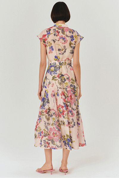 Exquise Crew Neck Front Button Waist Fitted Sleeveless Floral Pattern Dress