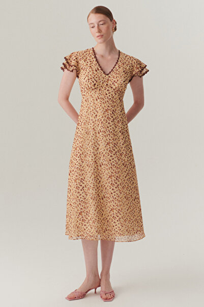 Exquise V Yaka Kol Detaylı Desenli Midi Boy Şifon Elbise