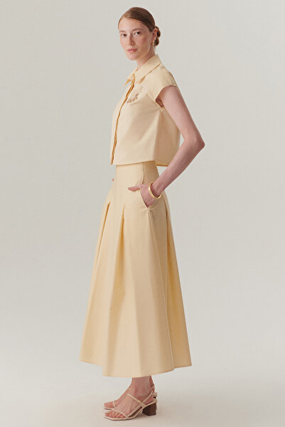 Exquise Açık Sarı Pileli Pamuklu Midi Boy Etek