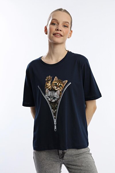 Polo State Tricou de damă cu decolteu rotund cu imprimeu pisici Bleumarin