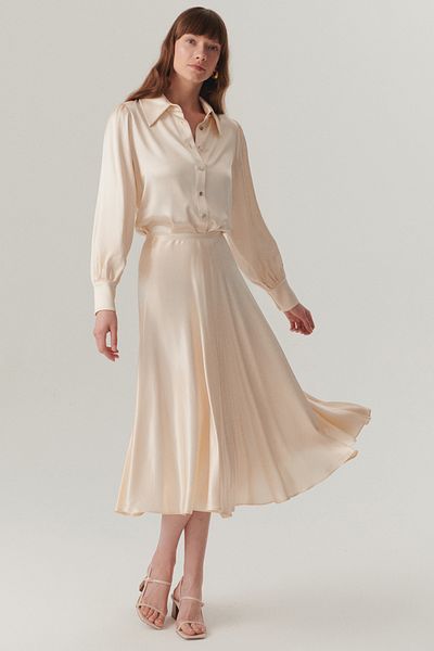 Exquise Shiny Fabric Satin Kiloş Midi Length Skirt