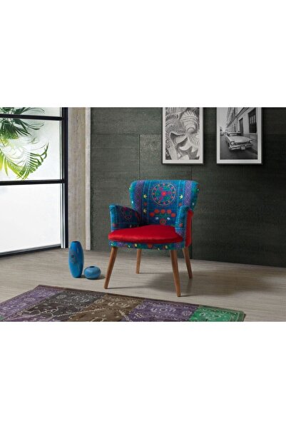 Azra Aksesuar Berjer Kumaş Ahşap Ayaklı Etnik Desen