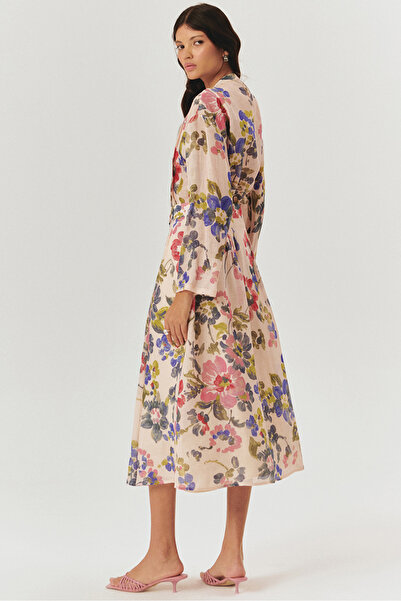 Exquise Front Button Midi Length Floral Pattern Skirt with Pockets