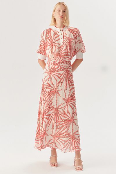 Exquise Gathered Waist Leaf Patterned Regular Rayon Chiffon Midi Length Skirt