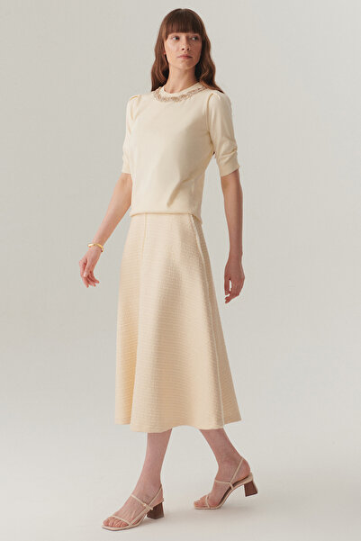 Exquise Ekru Renk Dokulu Kumaş Diz Altı Kloş Etek