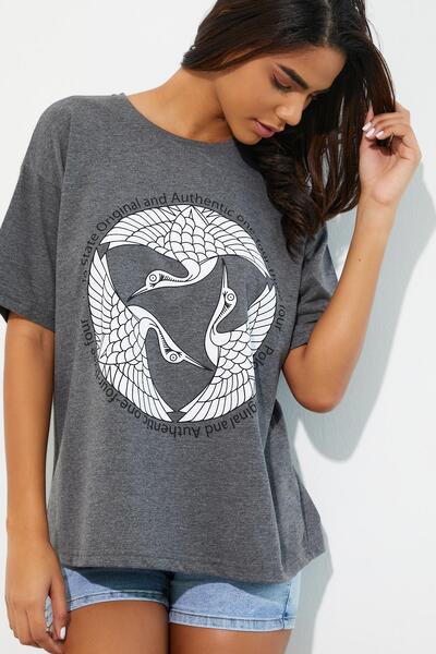Polo State Kadın Baskılı Oversize T-shirt Antrasit
