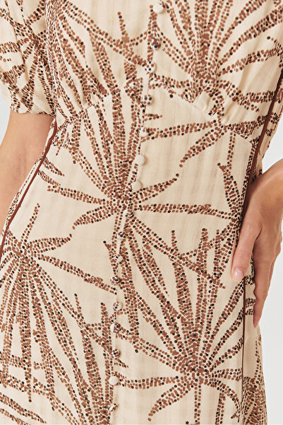 Exquise Patterned Balloon Sleeve V-Neck Button Regular Midi Rayon Chiffon Dress