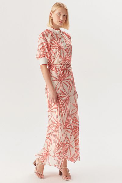 Exquise Gathered Waist Leaf Patterned Regular Rayon Chiffon Midi Length Skirt