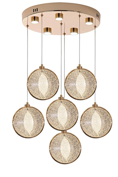 burenze Modern Tasarım Venezia Led Avize Altılı Sarkıt Avize Kumandalı 3 Renk Dimmer Özellikli Gold Sarı