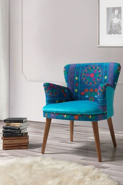 Azra Aksesuar Berjer - Tekli Koltuk - Etnik Desen - Ahşap Ayak - Turkuaz