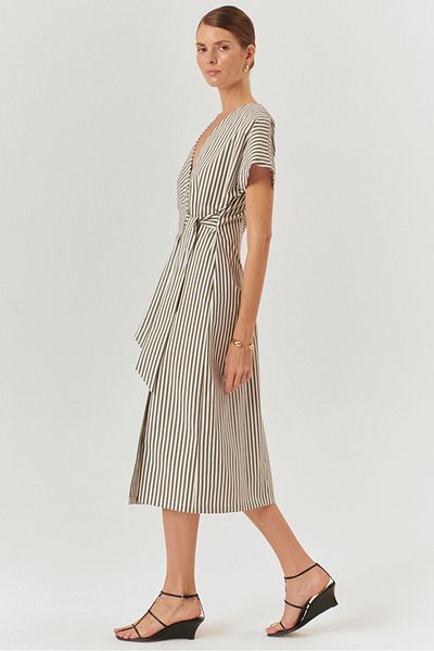 Exquise Stripe Patterned Double Breasted Model Cotton Midi Length Dress