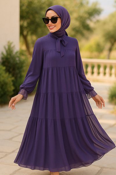 N.S NEVA STYLE Φόρεμα σιφόν με πτυχωτό σκούρο λιλά 23601KLILA