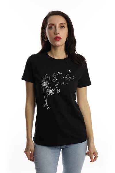 Polo State Tricou de bază cu imprimeu cu decolteu pentru femei, negru