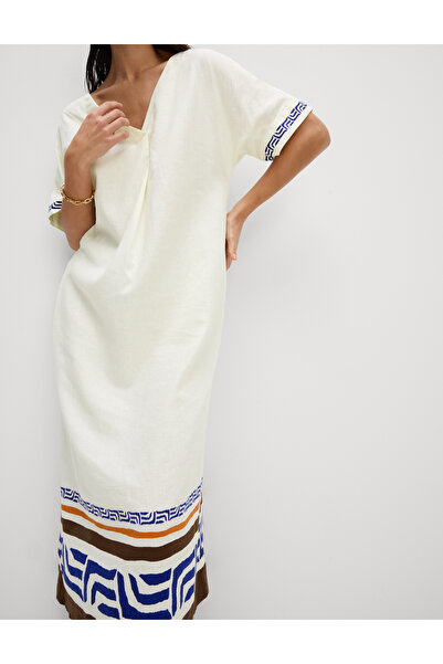 Marks & Spencer Keten Karışımlı Desenli V Yaka Elbise