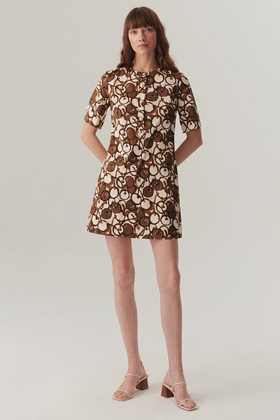 Exquise Buttoned Crew Neck Short Sleeve Patterned Mini Dress