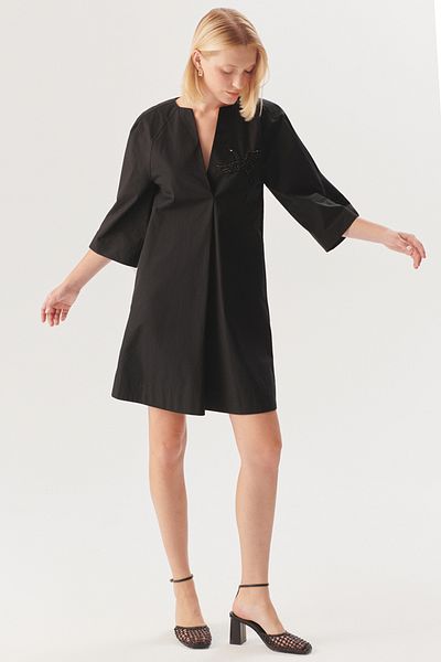 Exquise Embroidery Detailed V Neck Black Regular Mini Dress