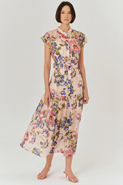 Exquise Bisiklet Yaka Önden Düğmeli Bele Oturan Kolsuz Floral Desen Elbise