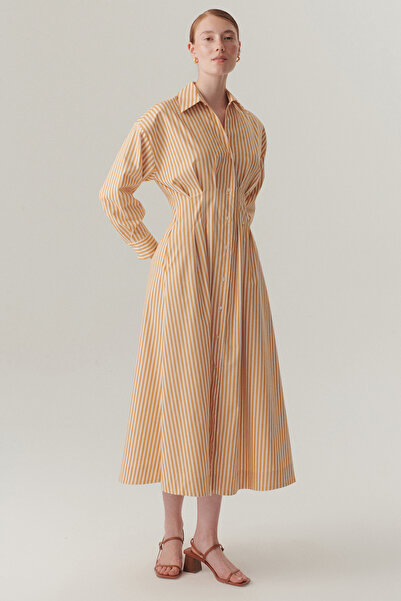 Exquise Striped Regular Midi Shirt Dress with Waistband