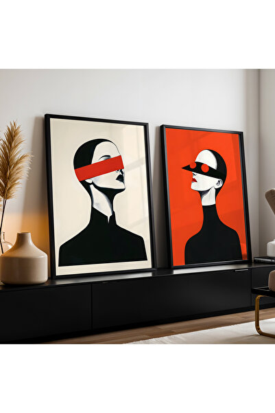 HİGUERA Διπλό γυναικείο πορτρέτο Red Abstract Series Σετ ζωγραφικής τοίχου με...