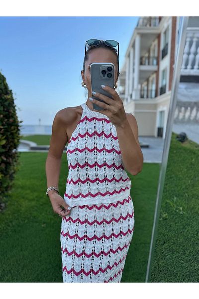 caddstore Sv 024325 Pink Zigzag Skirted Knitwear Set