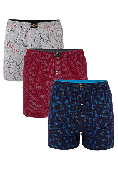 don joy Erkek 3'lü Desenli Pamuklu Penye Paçalı Düğmeli Beli Lastikli Boxer