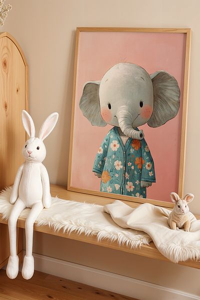 Artiera Pictură de perete cu cadru din lemn pentru camera copiilor și camera bebelușului cu pijama drăguță elefant