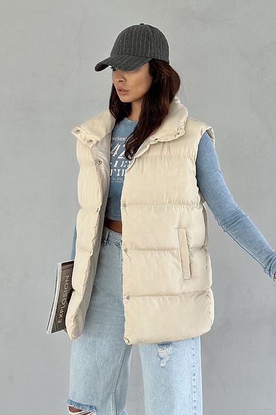 moda armanc Women's Flounce Pocket Snap Collar Long Puffer Vest