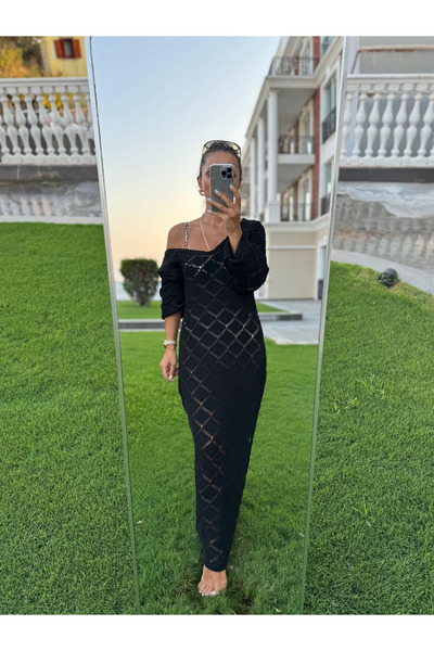caddstore Sv 245012 Baklava Pattern Black Knitwear Dress