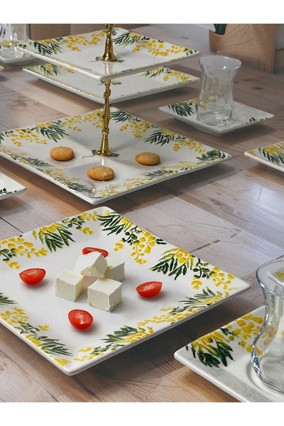 Piatti Naturali 13 Parça 6 Kişilik İkram ve Çay seti Seramik Mimoza , Atıştırmalık Kahvaltılık Katlı İkramlık Sunum