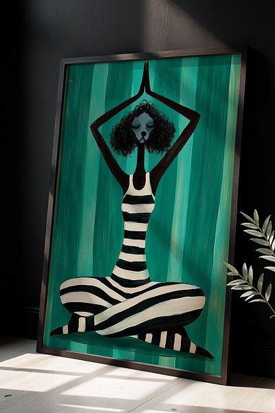 Artiera Figurină de yoga pentru câine Poddle – Pictură murală minimalistă pentru meditație și calm cu cadru din lemn natural