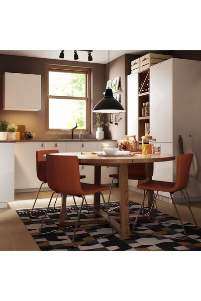 IKEA MÖRBYLÅNGA yuvarlak yemek masası, meşe kaplama kahverengi vernikli, 6 kişilik, 145 cm